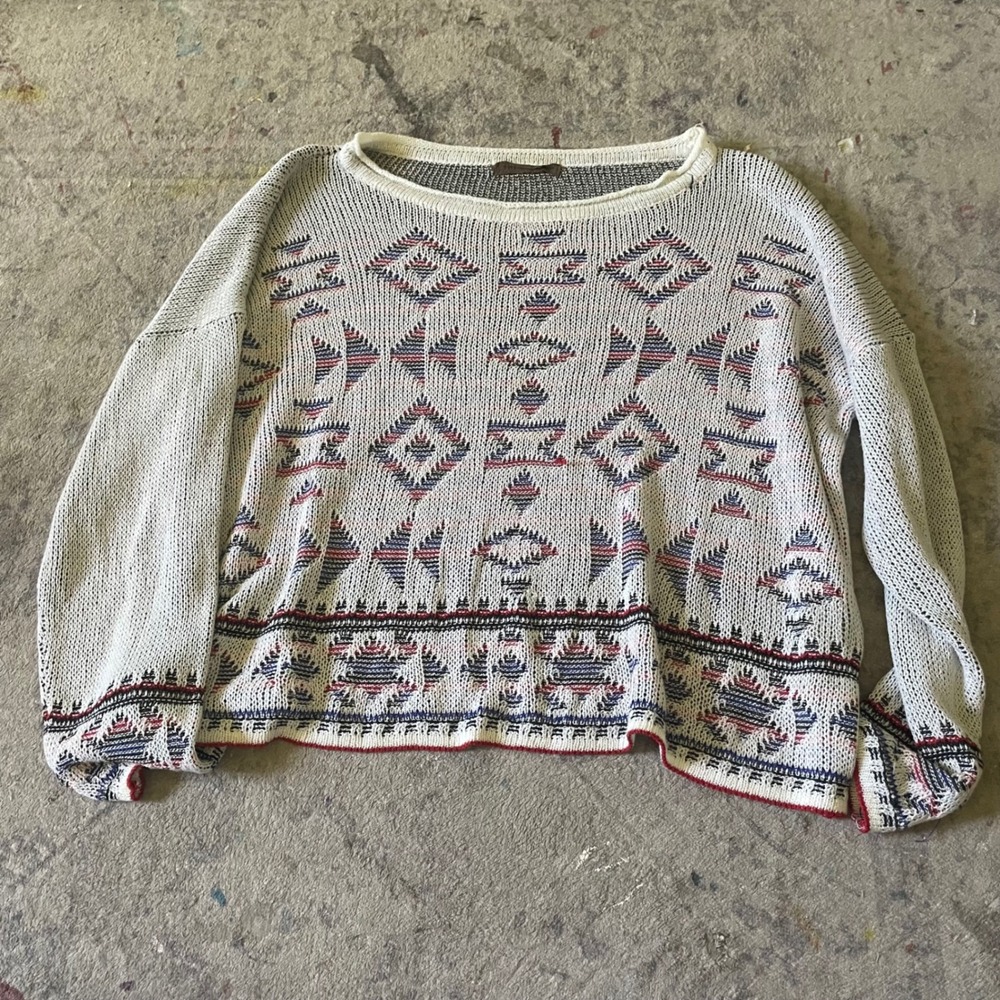 The Classics Southwestern Geometric Knit Sweater White Red Blue Boho Pullover